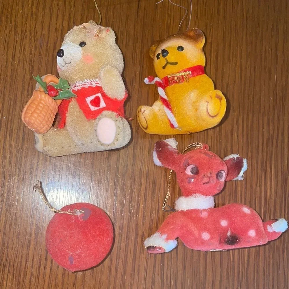 Collection of 4 vintage flocked Christmas tree ornaments‎